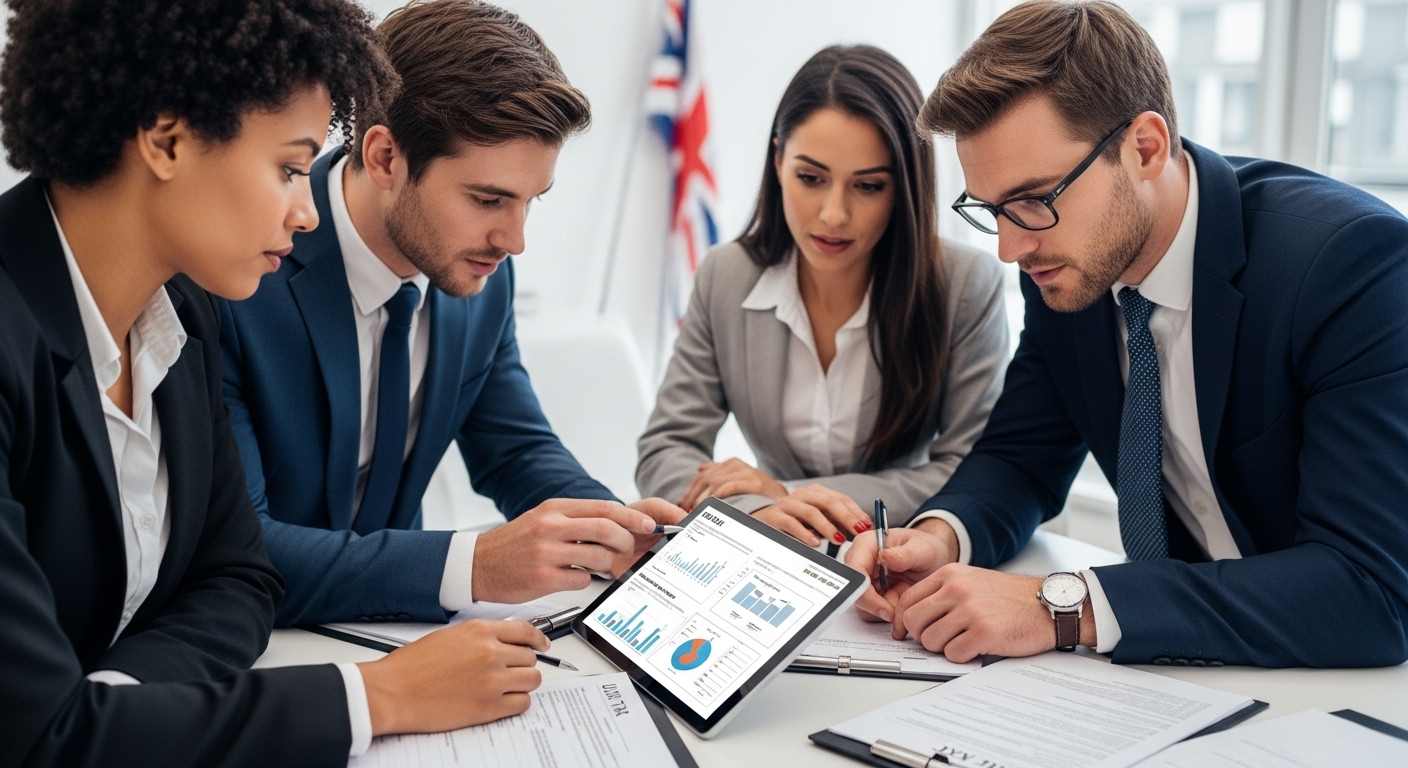A diverse group of expat business owners in professional attire looking intently at a digital tablet displaying complex financial charts and UK tax documents. They are in a modern, brightly lit office, with a subtle British flag in the background. The scene should convey collaboration and the challenge of understanding intricate tax regulations, with a focus on their expressions of concentration and determination.