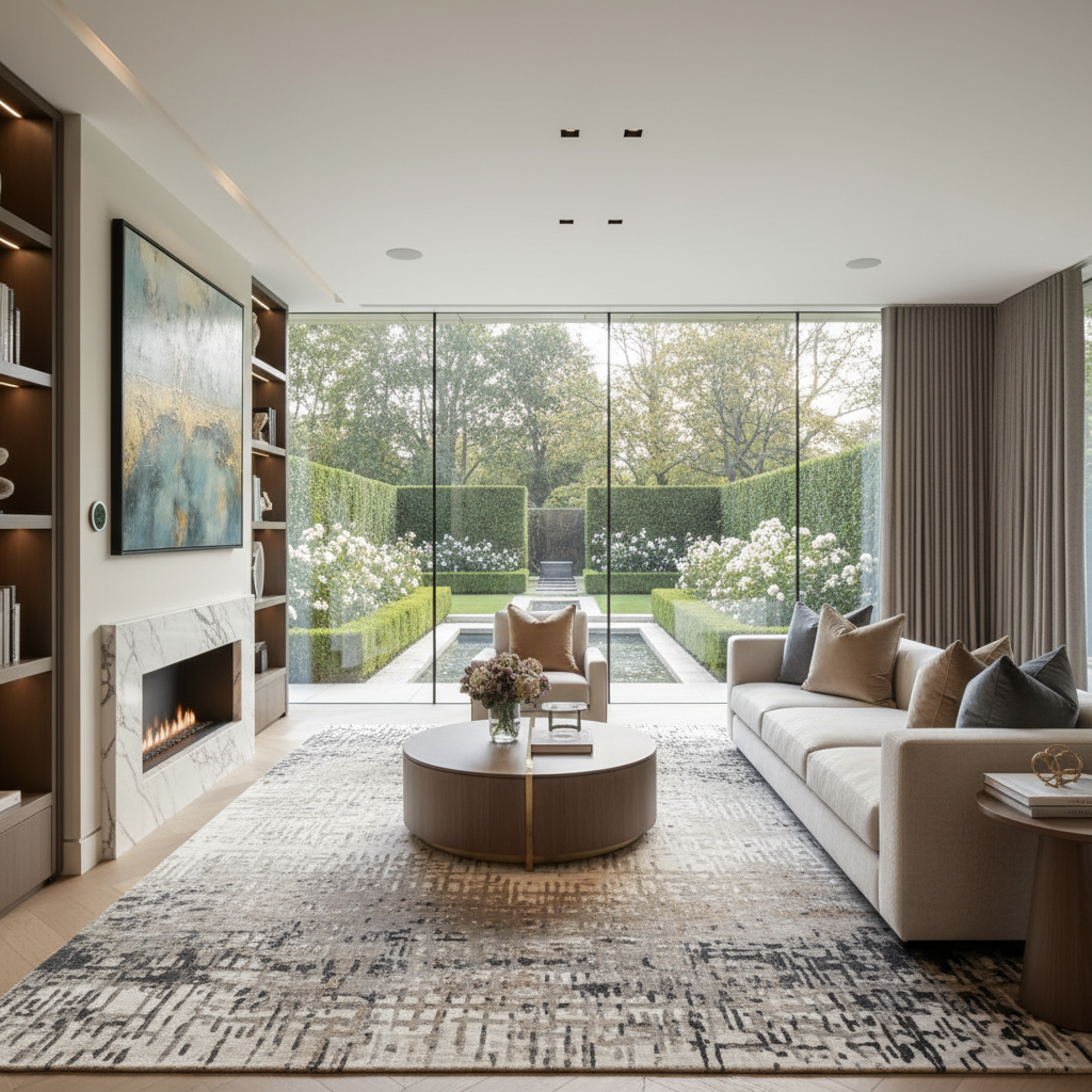 A wide-angle, photorealistic shot of a luxurious, modern living room in a high-end UK property. The room features floor-to-ceiling windows overlooking a manicured private garden, bespoke designer furniture in neutral tones with rich texture accents, an elegant fireplace, and subtle smart home technology integrated into the design. A large contemporary art piece hangs on one wall, and natural light floods the space, conveying an atmosphere of sophisticated comfort and executive living.