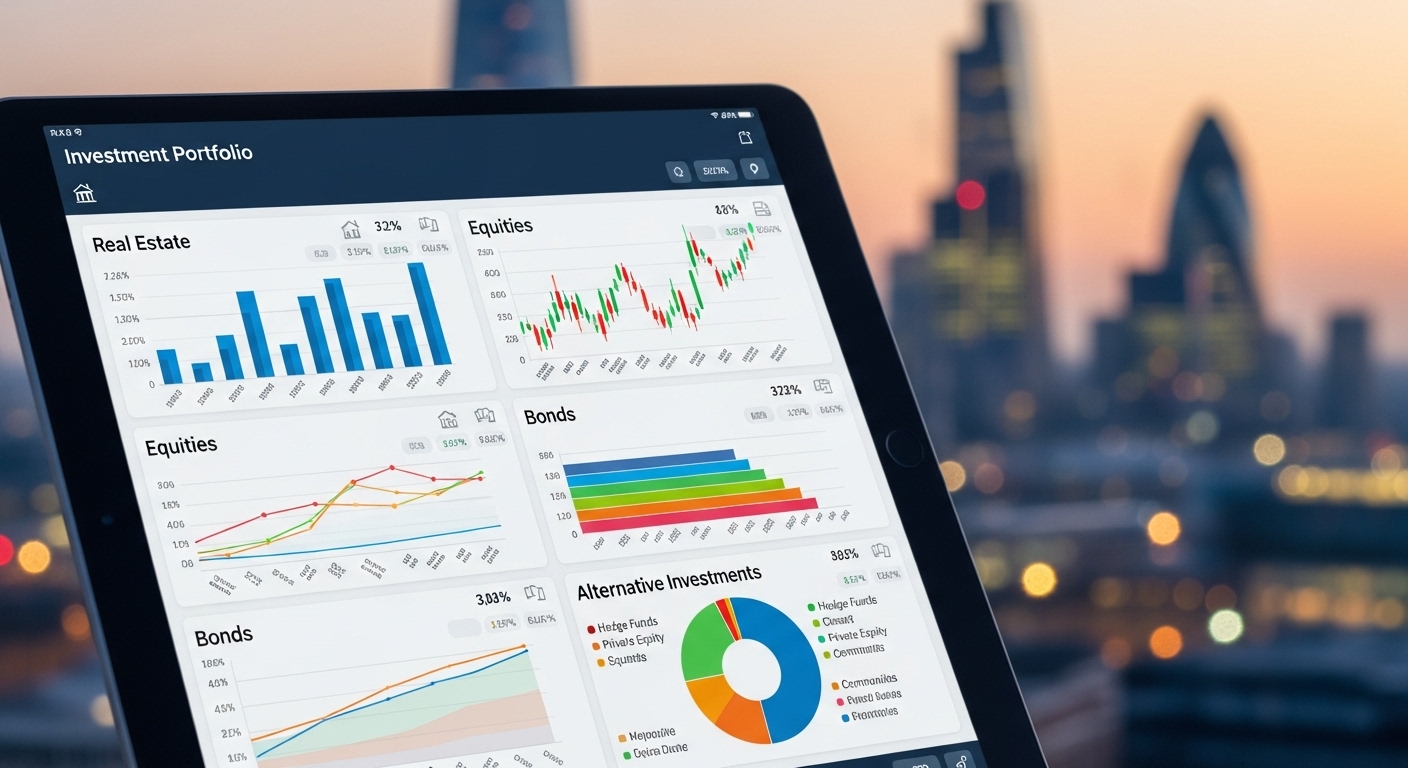 A sophisticated, diverse investment portfolio displayed digitally on a tablet, showing graphs and charts for various asset classes like real estate, equities, bonds, and alternative investments, with a blurred background of the London skyline at dusk.