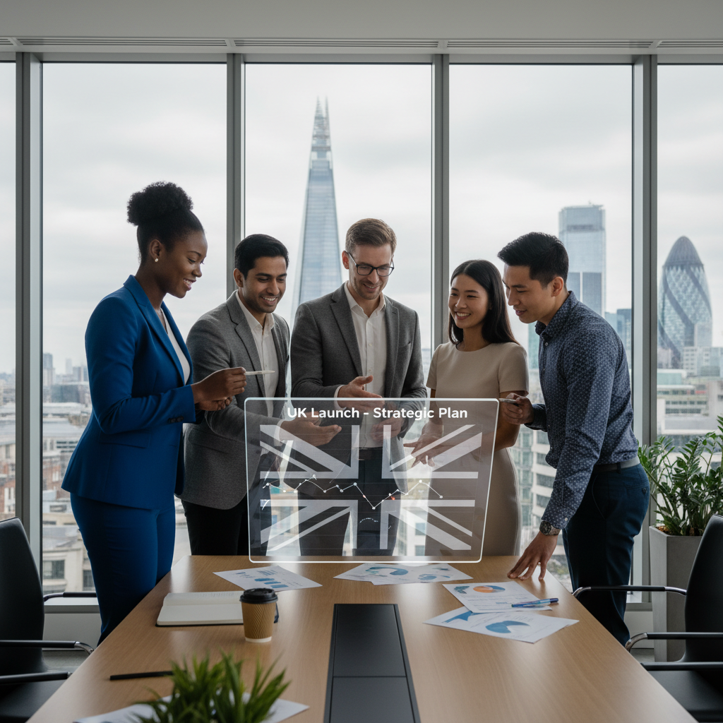 A detailed, photorealistic image of a diverse group of international business professionals in a modern, well-lit office discussing a business plan on a digital tablet, symbolizing collaboration and strategic planning for a new company in the UK.